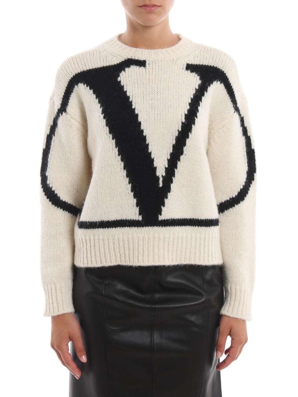 Valentino Cream and Black Logo Knit Cashmere Sweater